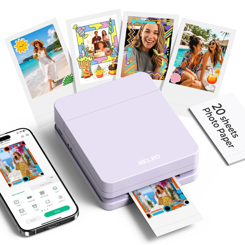 Nelko PP01 Photo Printer, 2x3 Portable Photo Printer, Mini Printer, Purple | Instant Color Inkjet Printer for Smartphone, Sticky-Back Photos, Bluetooth Compatible with iOS & Android, AI App Editing
