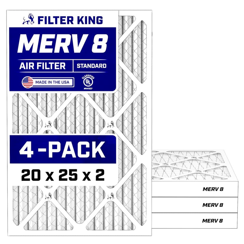 Filter King 20x25x2 Air Filter (MERV 8) (4-Pack) Dust & Allergy Control AC Furnace Filters, MADE IN USA, HVAC, Pleated, Electrostatic (Actual Size: 19.5 x 24.5 x 1.75)