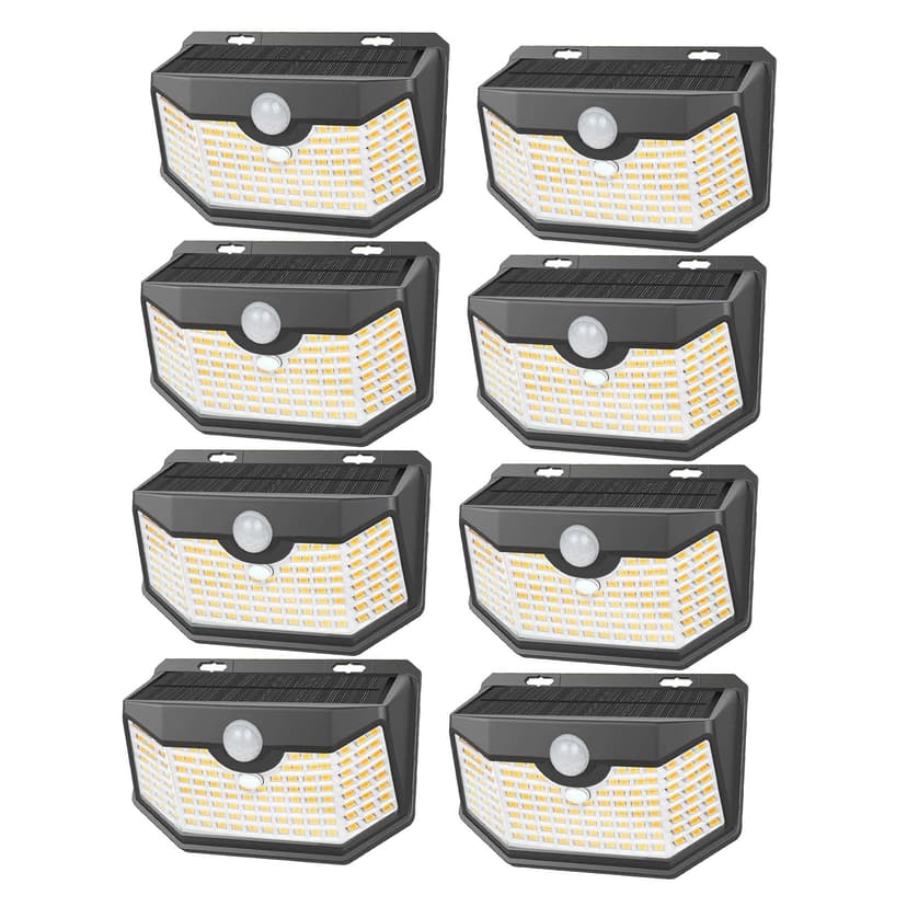 HMCITY 120 LED Solar Lights Outdoor Motion Sensor, 8 Pack, Black Warm | 3 Lighting Modes, IP65 Waterproof, Front Button Control, Wide Solar Wall Lights Ideal for Garden Patio Yard