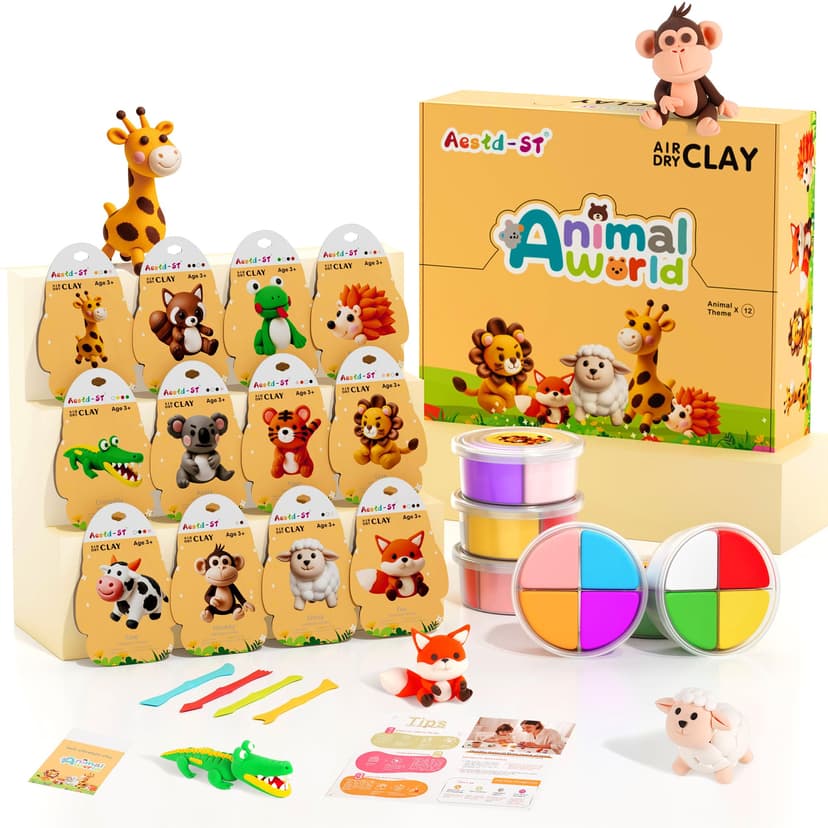 Air Dry Clay Kit - Animal Theme, Modeling Clay for Kids, DIY Model Magic Clay with Sculpting Tools and Tutorials, 12 Boxes Molding Clay, Ultra Light, Soft & Non-Sticky, Arts and Crafts Gift for Kids