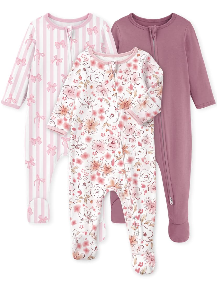 Yoofoss Baby Pajamas 100% Organic Cotton Newborn Sleepers Boy Girl Clothes | Two Way Zipper Footed Pjs for Newborn 0-3 3-6 6-9 12 18 24 Months, 3Pcs Soft Footies, Sleep and Play Baby Essentials