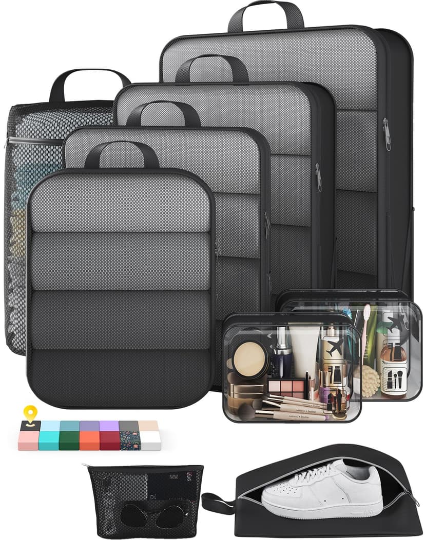 Veken 9/11 Set Compression Packing Cubes Garment Bags for Travel Essentials,Compressible Expandable Luggage Organizer Bags for Clothing,Space Saver Bags with Over 1000 pcs of Mesh Holes(Black)