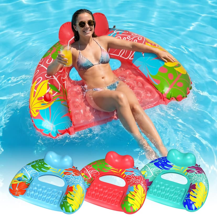 3 Pack Pool Floats Adult, SEETOHOME Inflatable Pool Float Chairs with Cup Holder, Pool Floaties for Adults, Lake Floats Perfect for Pool Lake River Beach Water Fun (Blue, Green, Pink, 3 Pack)