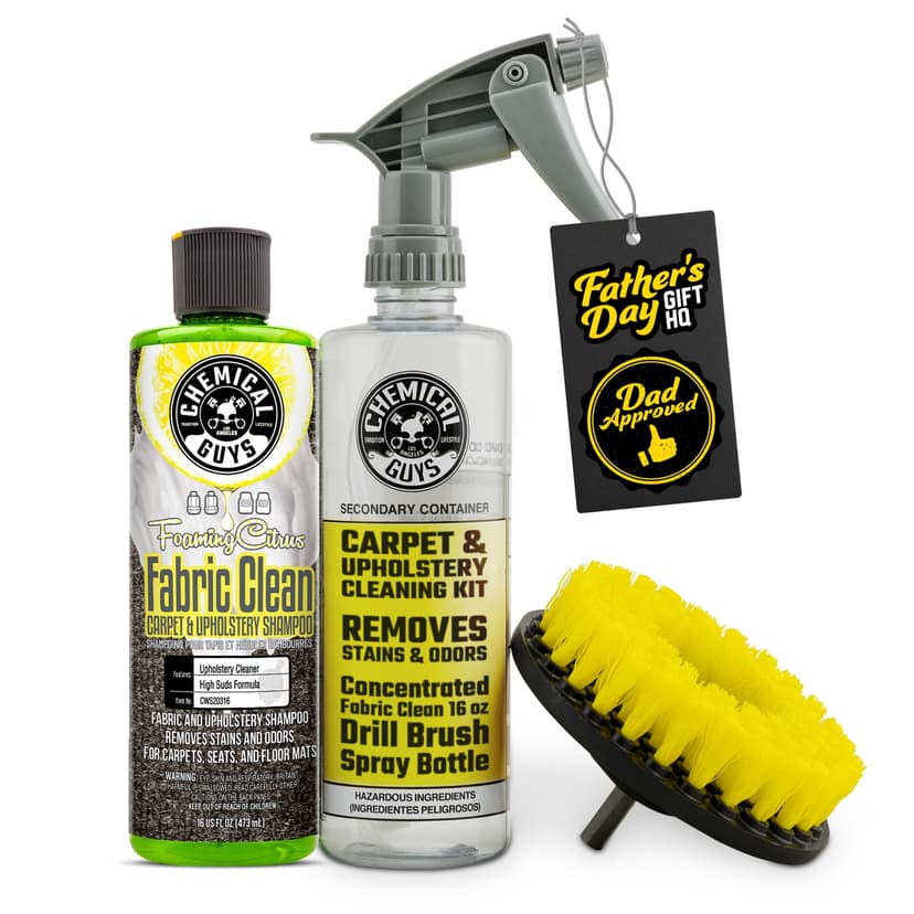 Chemical Guys Foaming Citrus Fabric Clean Drill Brush Kit - High Foaming Stain and Odor Remover, Upholstery, Floor Mat & Car Carpet Cleaner, Deep Cleans & Deodorizes, Citrus Scent - 16 fl oz