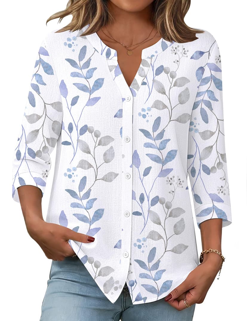 Zeagoo Button Down Shirts for Women 3/4 Sleeve Linen Cotton V Neck Tops Dressy Casual Loose Work Blouses