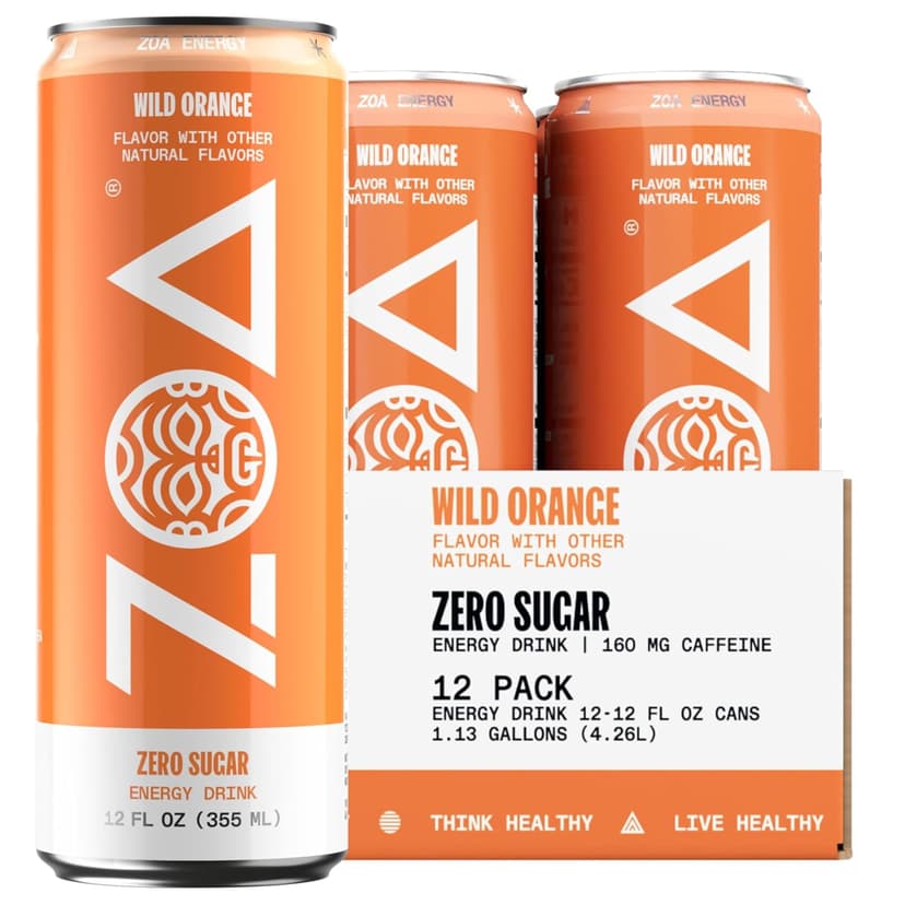 ZOA Zero Sugar Energy Drinks - Wild Orange | Healthy Energy Formula with Natural Caffeine, Daily Vitamin C, Essential B-Vitamins | Gluten-Free, Keto Friendly | 12 Ounce Cans (Pack Of 12)