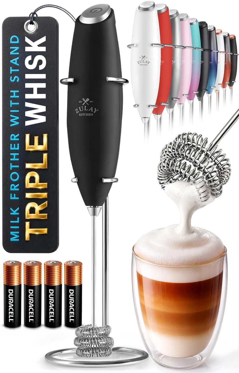 Zulay Kitchen Powerful Milk Frother Wand With Duracell Batteries - Ultra Fast Handheld Drink Mixer - Electric Whisk Foam Maker for Coffee, Lattes, Cappuccino & Matcha - Triple Whisk - Black