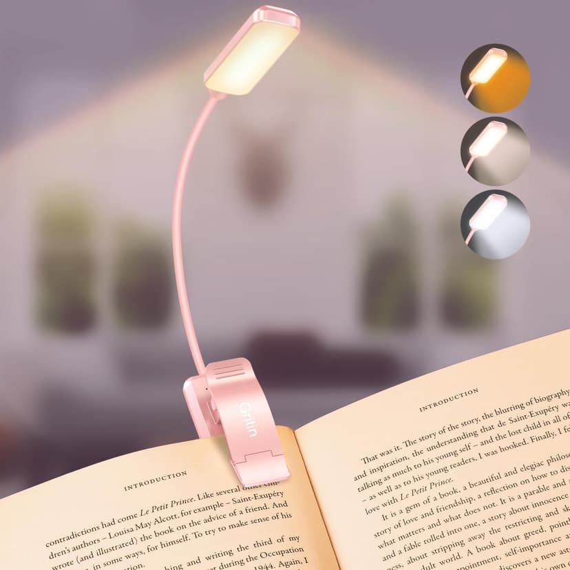 Gritin 9 LED Rechargeable Book Light for Reading in Bed | Eye Caring 3 Color Temps,Stepless Dimming Brightness,80 Hrs Runtime Small Lightweight Clip On Book Reading Light-Pink