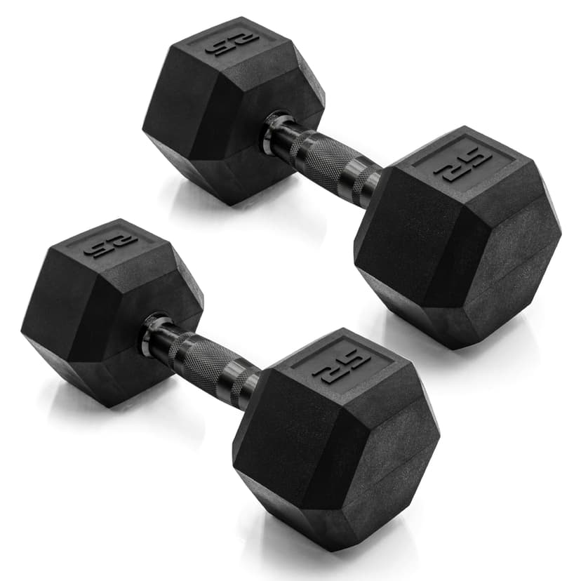 CAP Rubber Coated Dumbbell Weights, Free Weights for Home Gym Strength Training, Anti-Roll Hex Dumbbells with Black, Chrome & Comfort Grip Handles, Pairs & Sets