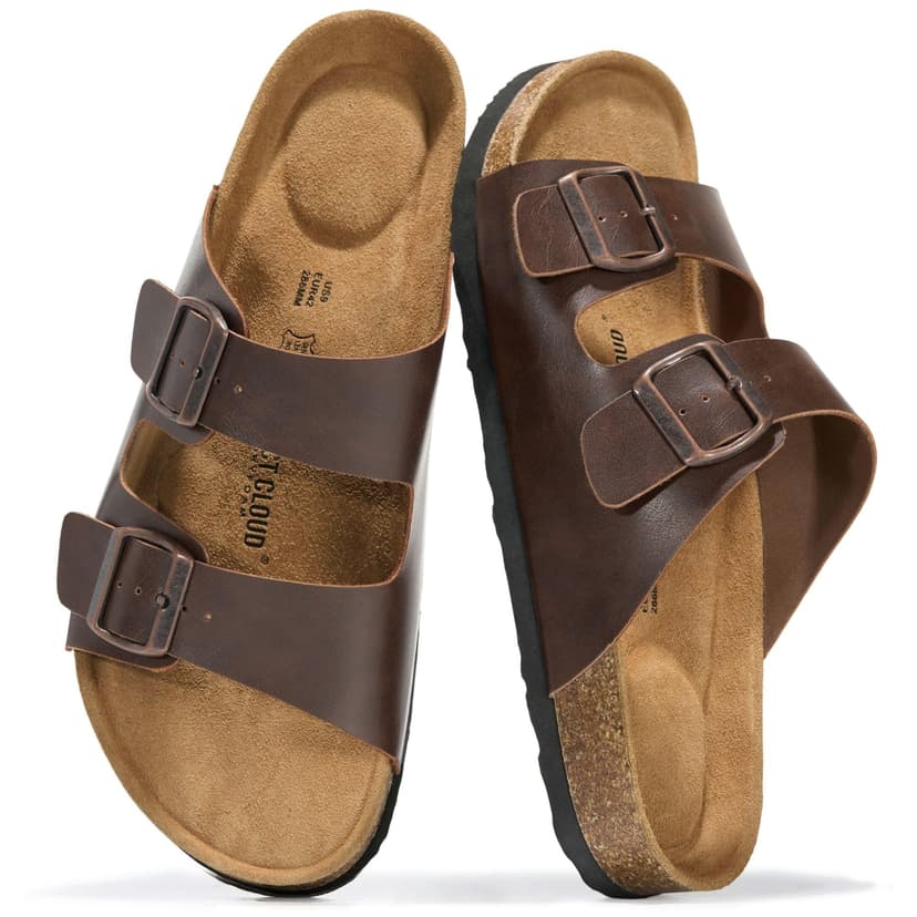 Project Cloud Mens Sandals, 100% Genuine Leather Mens Slides (Heritage) | Memory Foam Insole & Cork Footbed Slides for Men Footwear Non Slip Summer Sandals for Men & Lightweight Sandals Men