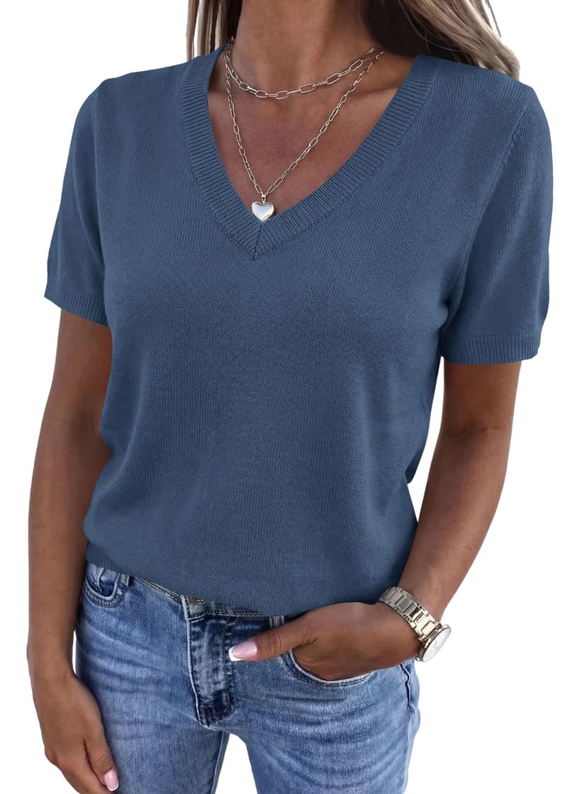 PRETTYGARDEN Womens Short Sleeve Sweater V Neck Tops | Lightweight Sweater Shirts, Business Casual Work Tops, Dressy Casual Blouses, Spring Summer Fall Outfits, Fashion Clothing