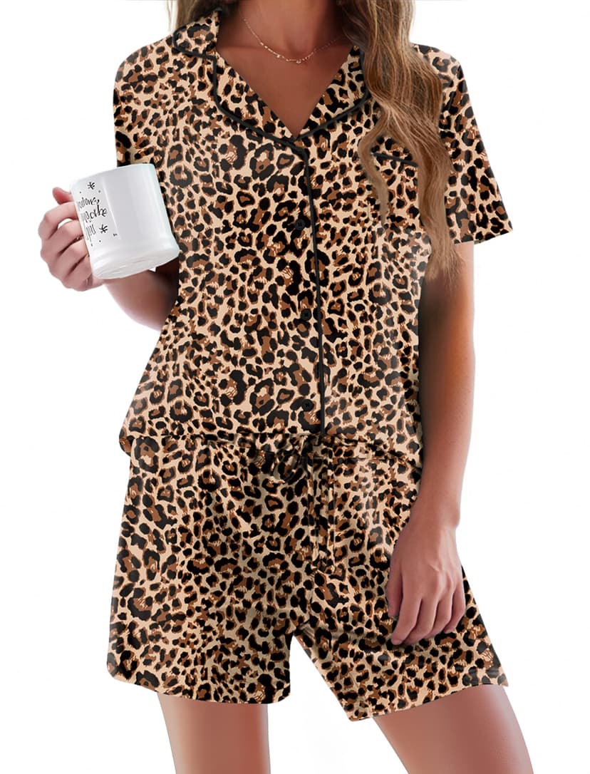 Ekouaer Pajamas Set for Women Short Sleeve Sleepwear Button Down Pj XS-XXXL | Summer 2 Piece Lounge Set, Soft Fabric, Drawstring Waistband, for Bridesmaid Bride Party, Plus Size, Petite, Cute Pattern