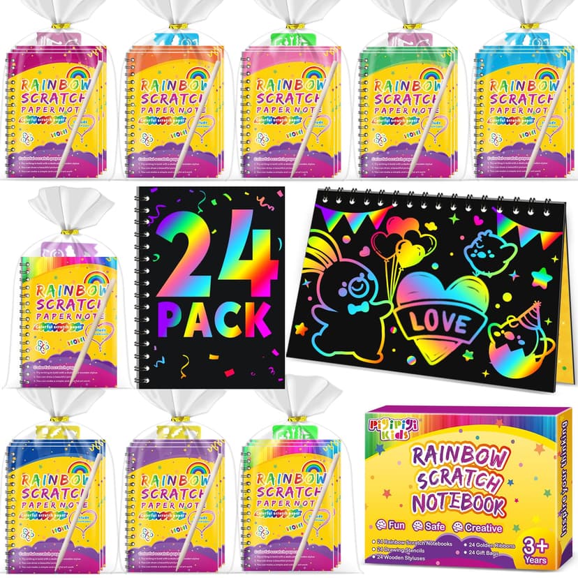 Party Favors for Kids 4-8-12: 24 Pack Scratch Rainbow Art Crafts Notebook | Coloring Book Goodie Bags Stuffers Kit, Bulk Birthday Gift Classroom Prizes Girl Boy Toddler