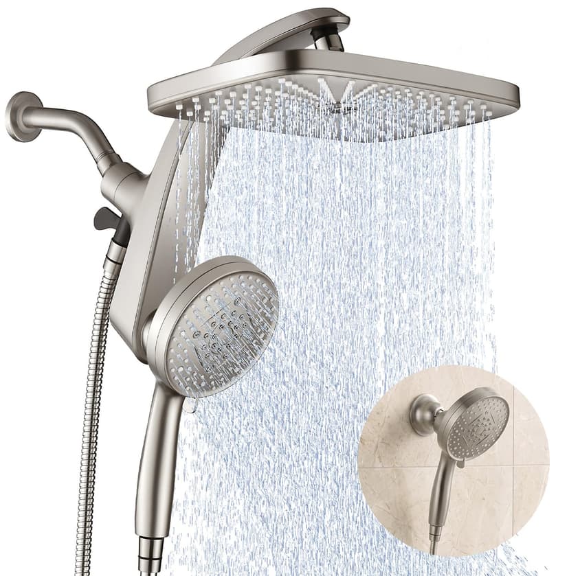 Rain Shower Head with Handheld Showerhead, Nickel 1.8GPM 460311 + Holder | 12" High Pressure Rainfall Shower Heads, 9 Sprays Handheld Showerheads, Magnetic Docking, Power Jets, 59" Shower Hose