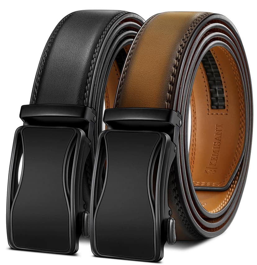 KEMISANT Men Belt 2 Pack, Leather Ratchet Belt Easy Click Slide For Men 1 3/8",Cut for Fit
