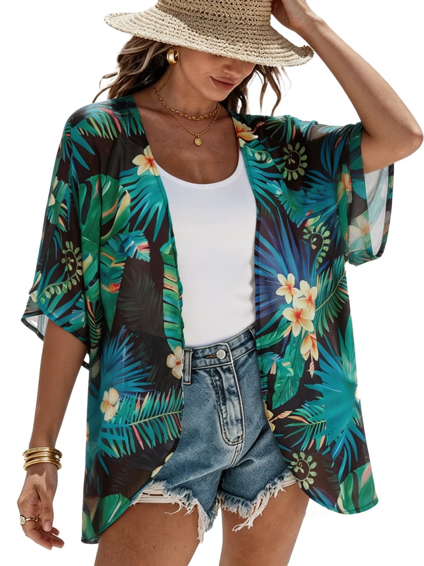 Women's Floral Print Puff Sleeve Kimono Cardigan Loose Cover Up Casual Blouse Tops 2026