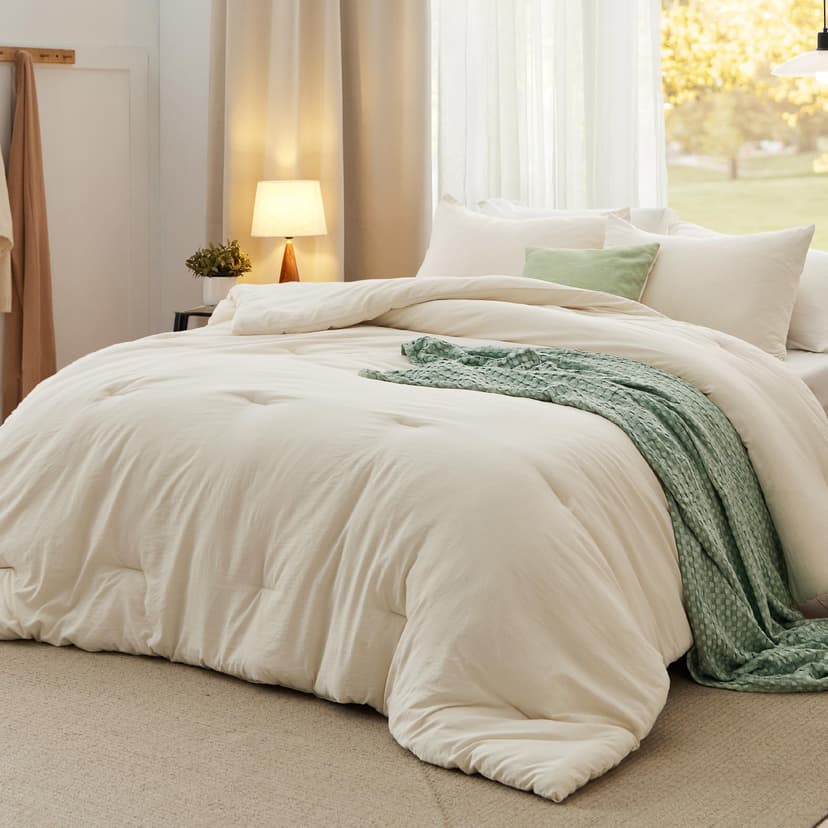 Bedsure Queen Comforter Set, Cream Soft Prewashed Bedding for All Seasons, 3 Pieces GentleSoft™ Bed Set, 1 Lightweight Comforter (90"x90") and 2 Pillowcases (20"x26")