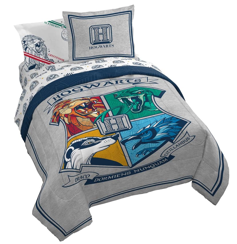 Harry Potter Queen Comforter Set 7 Piece Kids Bedding, Gray | Hogwarts, Bed in a Bag, Comforter Sheets Shams Pillowcases, Official Brand, Soft Microfiber, Machine Washable, Kids Gift