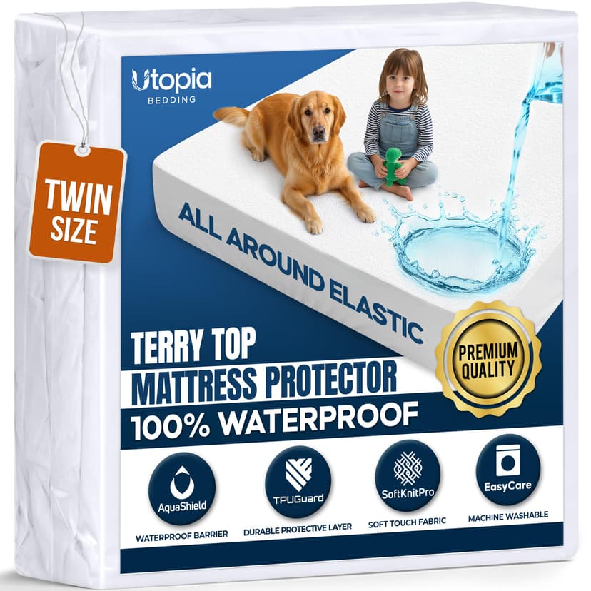Waterproof Twin Size Mattress Protector fits Upto 15" deep Mattresses | Utopia Bedding 200 GSM Soft & Breathable Mattress Cover, Dirt-Proof, Noiseless, Machine Washable Fitted Sheet Style, White