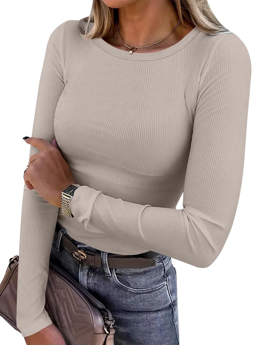 ANRABESS Women Long Sleeve Shirts Ribbed Fitted Tops | Slim Basic Tee,2026 Fall Outfits,Lightweight Knit T-Shirt,Soft Underscrub,Winter Layer Clothing,Casual Work & Everyday Wear