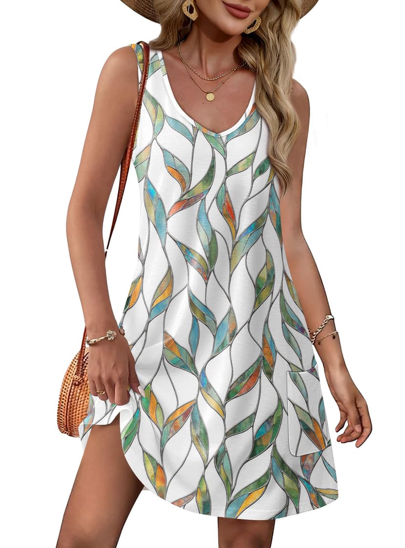 OFEEFAN Womens Summer Dresses 2026 Loose V Neck Sleeveless Sundresses Swimsuit Coverup with Pockets Floral/Plain/Eyelet