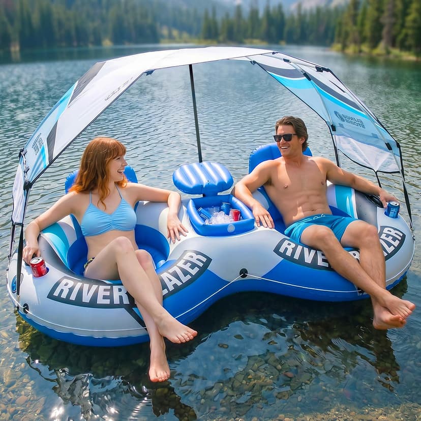 Sunlite Sports River Tube with Canopy for 1 or 2 Person - Heavy Duty Inflatable Water Float with Cup Holders, UV Sun Protection, Comfortable Lounge Design for Lake, River, Pool