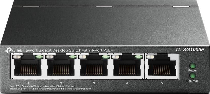 TP-Link TL-SG1005P, 5 Port Gigabit PoE Switch, 4 PoE+ Ports @65W, Desktop, Plug & Play, Sturdy Metal w/ Shielded Ports, Fanless, QoS & IGMP Snooping | 4 PoE+ Ports 65W, Desktop, Plug & Play, Sturdy Me