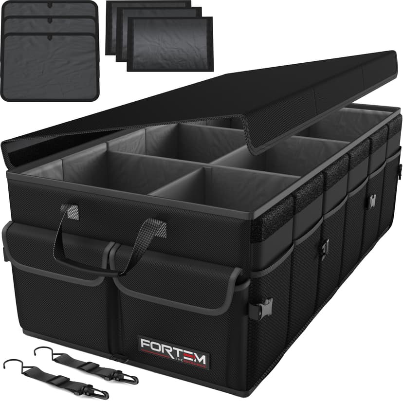 FORTEM Trunk Organizer - Foldable Car Organizer & Storage for SUVs & Trucks | Car Accessories for Men Women, Collapsible Bag, Non Slip Bottom, Straps, Soft Cover, 600D Oxford, Black, 6 Compartments, 8