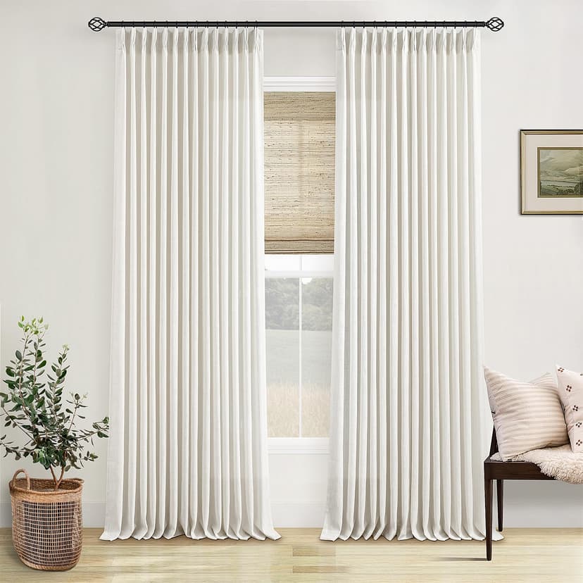 TWODRAPES Pinch Pleated Linen Curtains 105 Inches Long for Living Room | Natural Birch, Cream Ivory, Memory Pleated Drapes, Back Tab, Neutral Boho, Ceiling Floor Custom 105 Inch Window, 2 Panels