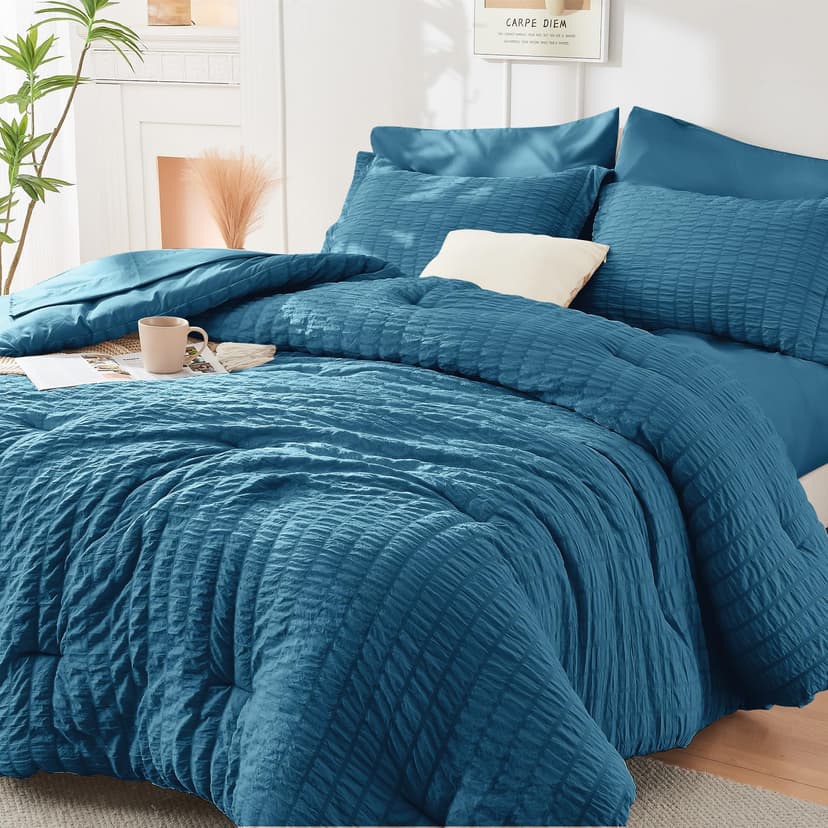 HYMOKEGE Teal Oversized King Comforter Set Seersucker 7 Pieces, All Season Luxury Bed in a Bag for Bedroom, Bedding Set with Comforter, Sheets, Pillowcases & Shams