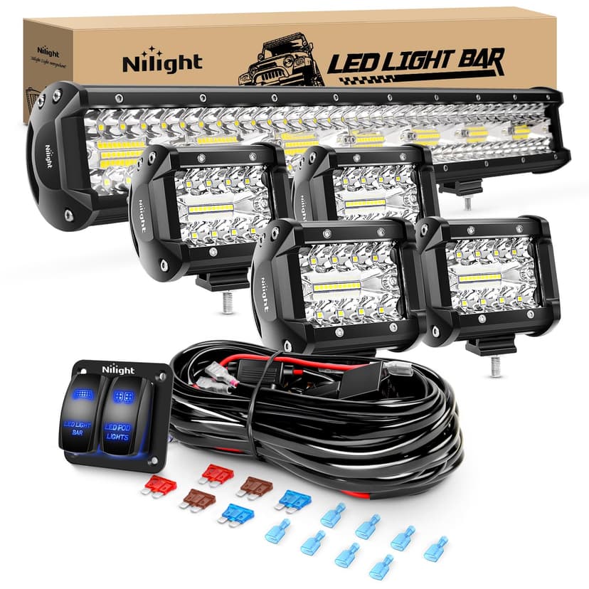 Nilight 20Inch 420W Triple Row Spot Flood Combo Led Light Bar Work Driving Lamp 4Pcs 4Inch 60W Cube LED Pods Lights with Wiring Harness Kit for Trucks Jeeps ATVs UTVs Motorcycles Ships Yachts-5 Leads