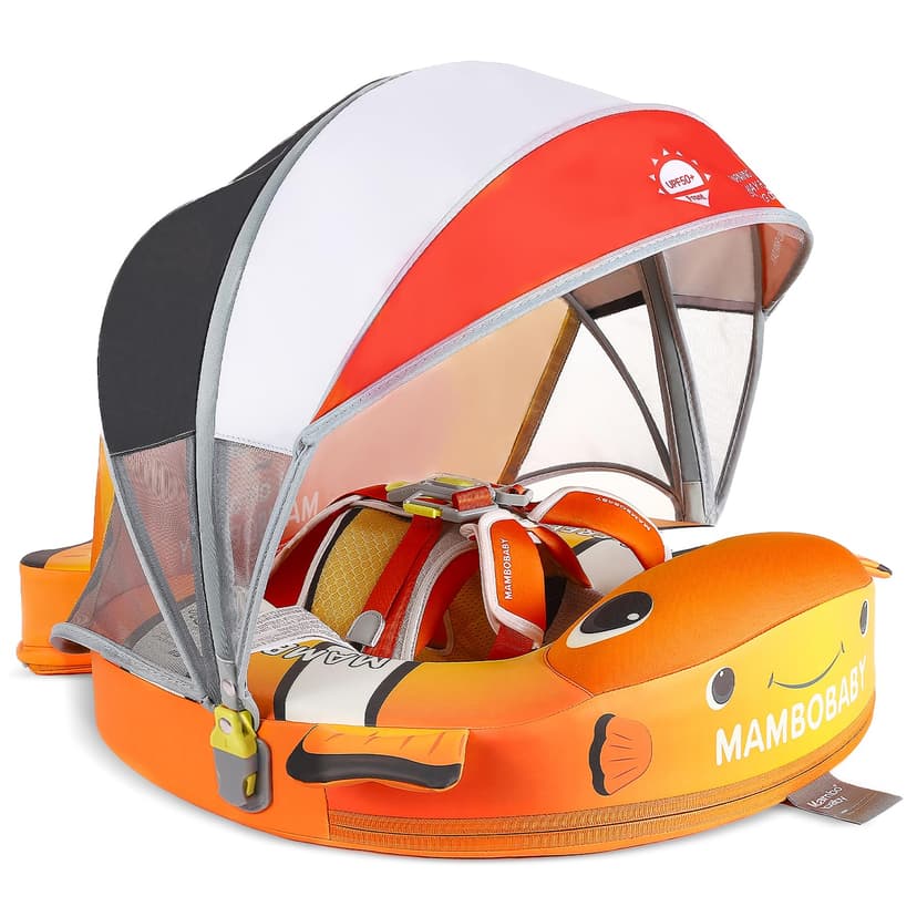 Mambobaby Baby Pool Float with Canopy, Non-Inflatable Infant Baby Swim Float Trainer with Safe Seat & Tail Support for Toddler, Mambo Baby Float Solid UPF 50+ Sun Protection