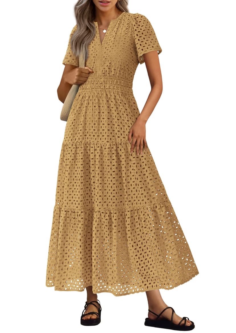 PRETTYGARDEN Womens 2026 Summer Maxi Dress Short Sleeve V Neck Hollow Out Eyelet A Line Long Flowy Beach Vacation Dresses