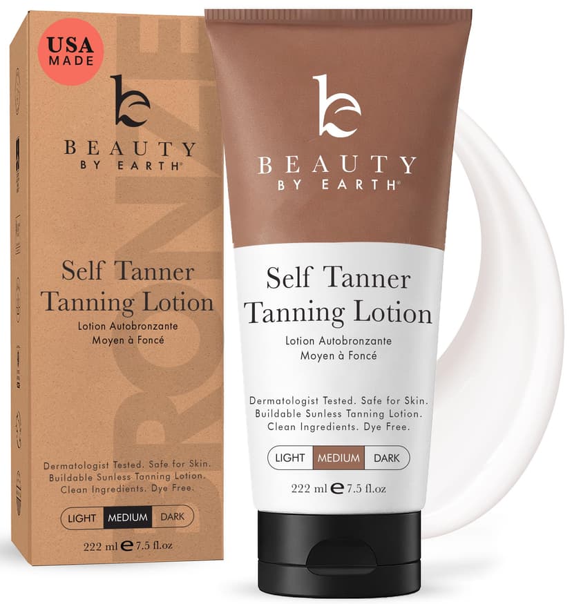 Beauty by Earth Self Tanner - USA Made with Natural & Organic Ingredients | Moisturizing Self Tanning Lotion with Aloe Vera & Coconut for a Natural Glow, Streak-Free Fake Tan (Medium)