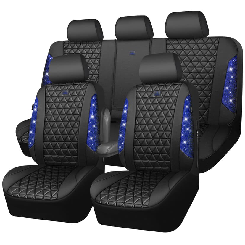 CAR PASS Bling Diamond Black Leather Car Seat Covers Full Set Interior Sets, Waterproof Shining Glitter Sparkly Crystal Universal Armrest Fit Automotive Truck SUV Cute Women Girl, Blue Rhinestone