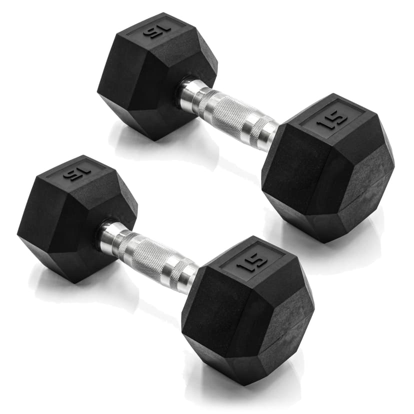 CAP Rubber Coated Dumbbell Weights, Free Weights for Home Gym Strength Training, Anti-Roll Hex Dumbbells with Black, Chrome & Comfort Grip Handles, Pairs & Sets