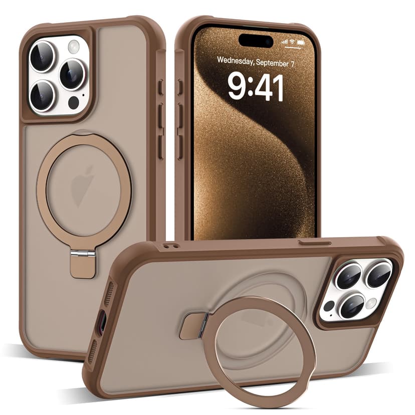 SKYLMW Compatible with iPhone 15 Pro Max Case with Invisible Magnetic O-Ring Stand Military-Grade Translucent Case for iPhone 15 ProMax 6.7" [Compatible with Mag-Safe][Great Grip Feeling],Desert Brown