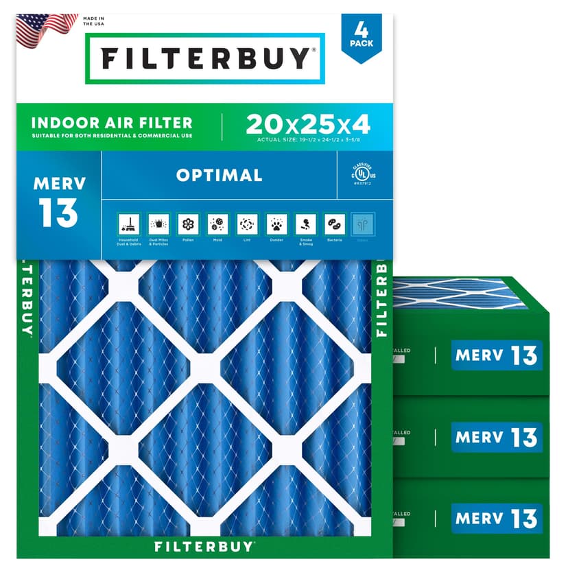 Filterbuy 20x25x4 Air Filter MERV 13 Optimal Smoke & Allergy Defense (4-Pack), Electrostatic Pleated HVAC AC Furnace Filters Replacement, Made in USA (Actual Size: 19.50 x 24.50 x 3.63)