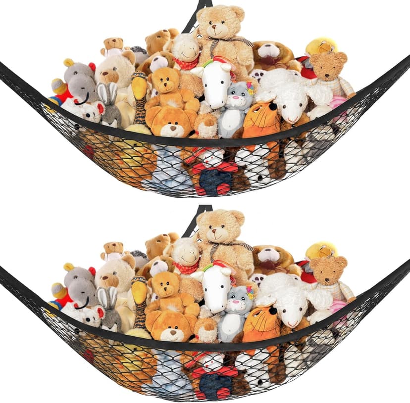 Lazebox Stuffed Animal Net Hammock for Plushie Toys, Stuffed Animal Hammock Corner for Kids' Room Decor, Ideas for Organizing Stuffy Collection, Black, L (67" x 40" x 40")-Pack of 2