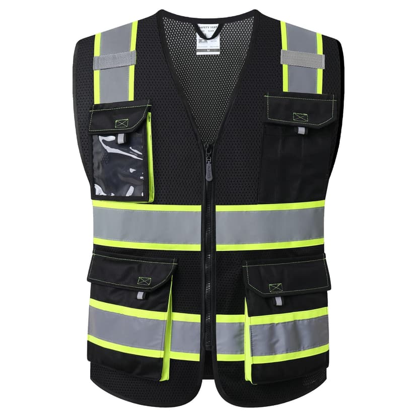 JKSafety Hi Vis Reflective Safety Vests for Men Women High Visibility Vest with Pockets Mesh Fabric Construction Safety Apparel Neon Vest for Work (220-Black L)