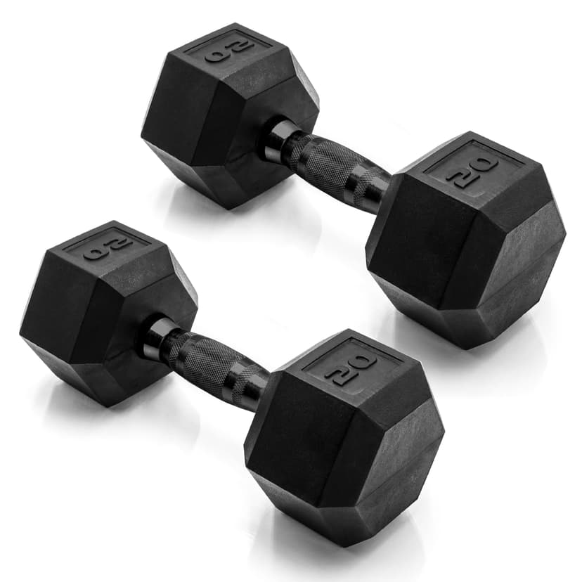 CAP Rubber Coated Dumbbell Weights, Free Weights for Home Gym Strength Training, Anti-Roll Hex Dumbbells with Black, Chrome & Comfort Grip Handles, Pairs & Sets