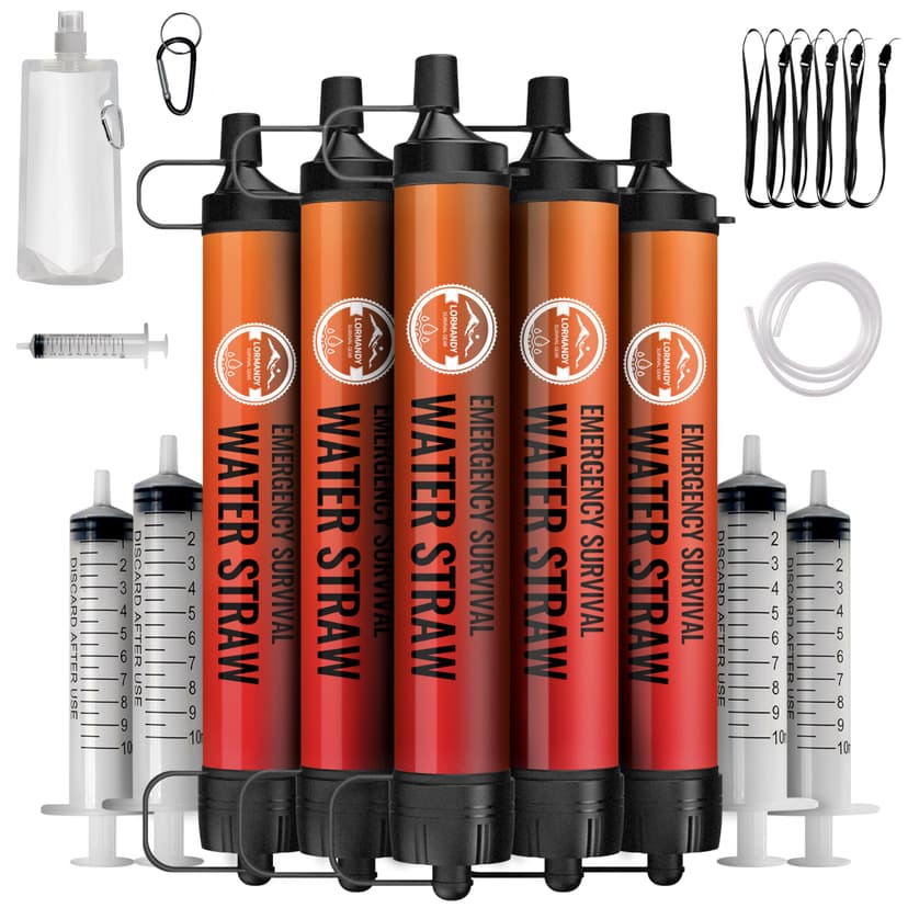 Lormandy Straw Water Filter 5 Pack - Outdoor Camping & Hiking Survival Gear | Family Use Ultra-Light Personal Filter Straws | Backpacking, Travel, Bug-Out Bags, Emergency Preparedness