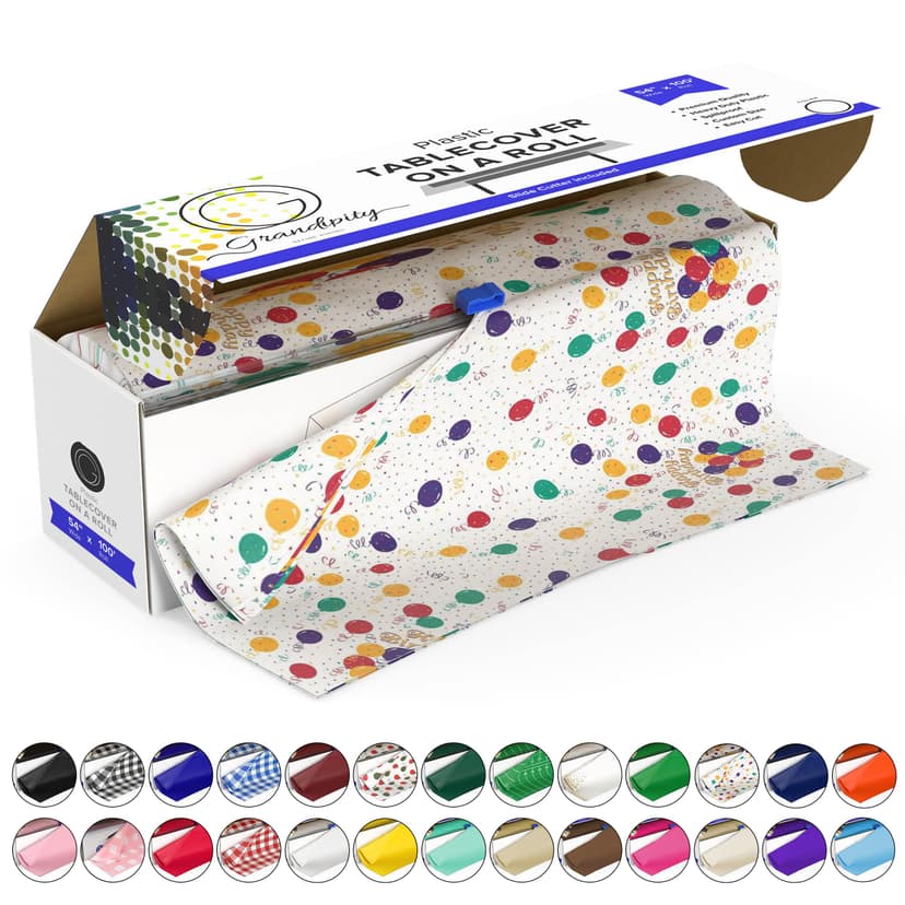 Grandipity Plastic Tablecloth Roll - 54in x 100 Ft. Happy Birthday Plastic Table Cloths Disposable with Cutter Box - Cut to Size Disposable Tablecloth Table Cover for Rectangle & Round