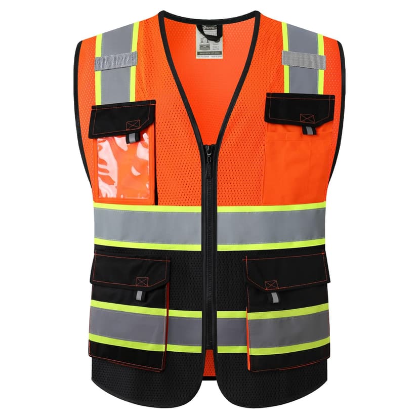 JKSafety Hi Vis Reflective Safety Vests for Men Women High Visibility Vest with Pockets Mesh Fabric Construction Safety Apparel Neon Vest for Work (220-OBlack XL)