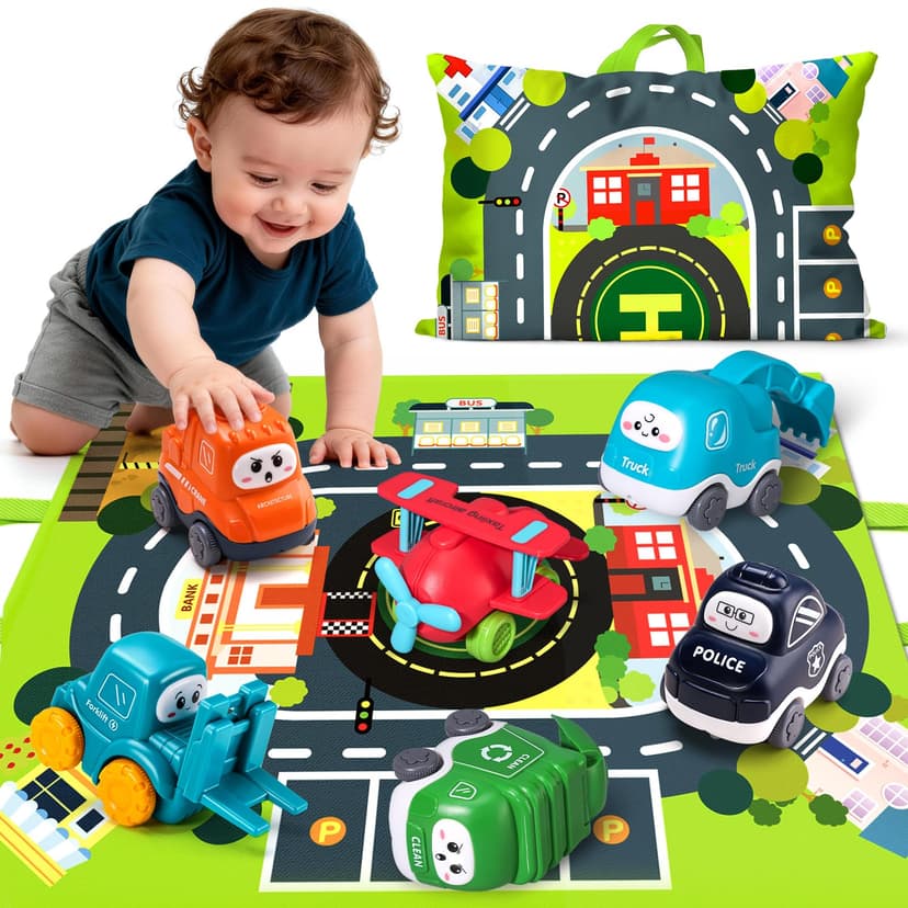 6PCS Big Truck Toy Set with Playmat | With Storage Bag, ABS Plastic, No Small Parts, Rounded Edges, for Ages 1 Year Old Boy and Girl, First Birthday Gift