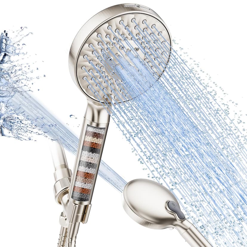SR SUN RISE Filtered Shower Head with Handheld High Pressure 9 Spray Mode Showerhead Detachable Shower Head Water Softener Filters Beads for Hard Water Remove Chlorine 1 Filter Brushed Nickel