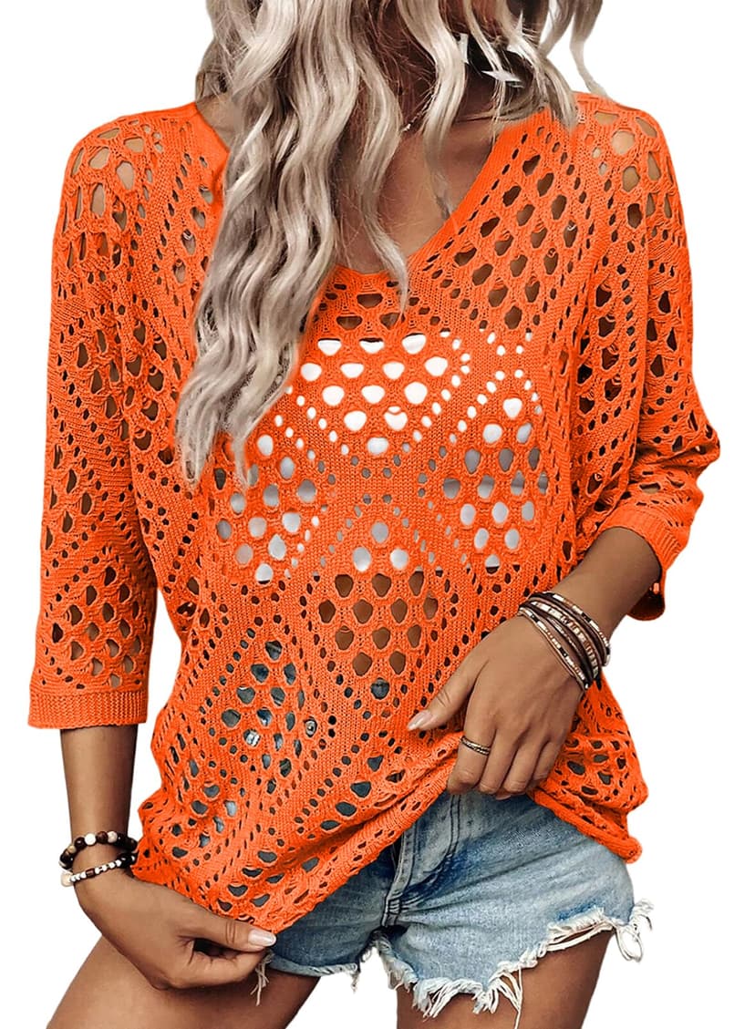 SHEWIN Womens Summer Tops Hollow Out Beach Crochet Cover Ups V Neck 3/4 Sleeve Pullover Sweater Shirts