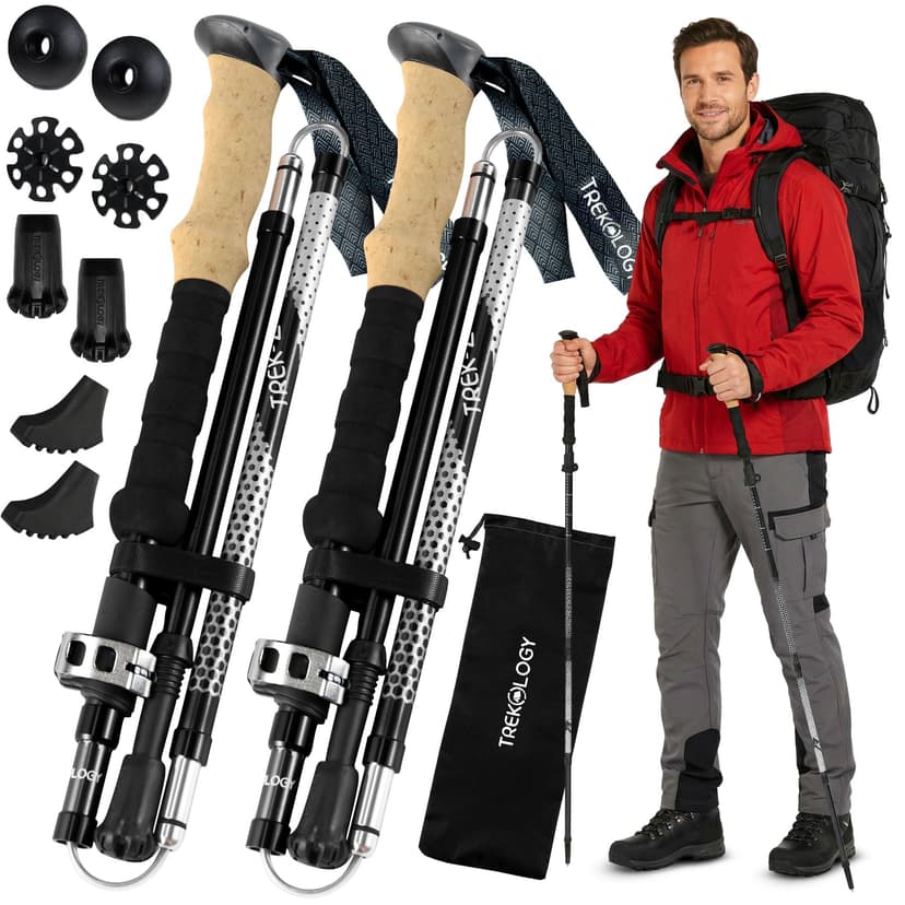 Trekology Trek-Z Hiking Trekking Poles, Walking Stick for Men, Women, 2pc | Foldable, collapsible, adjustable lightweight aluminum staff for seniors; folding, retractable for travel, trails, balance