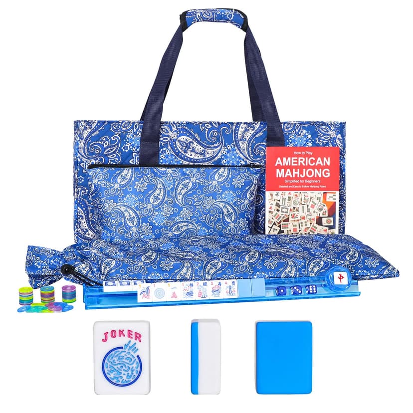 GUSTARIA American Mahjong Game Set, 166 Blue Tiles (1.2”), 4 All-in-One Color Rack/Pushers & Drawstring Bag, Complete Mahjong Sets with Blue Printed Carrying Bag and Mahjong Tile Set Accessories
