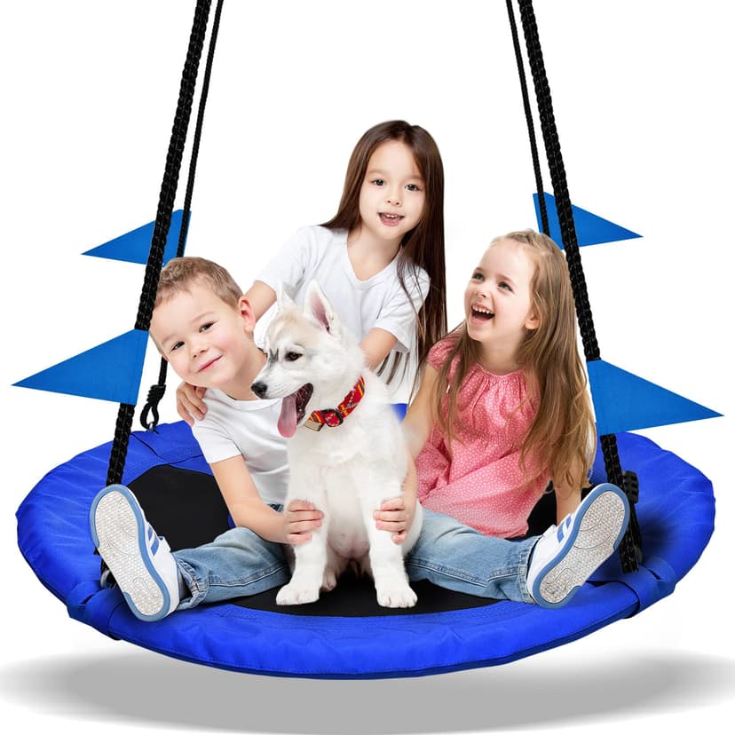 PACEARTH 40 Inch Saucer Tree Swing Flying 600lb Weight Capacity 2 Added Hanging Straps Adjustable Multi-Strand Ropes Colorful Safe and Durable Swing Seat for Children Adults - Blue
